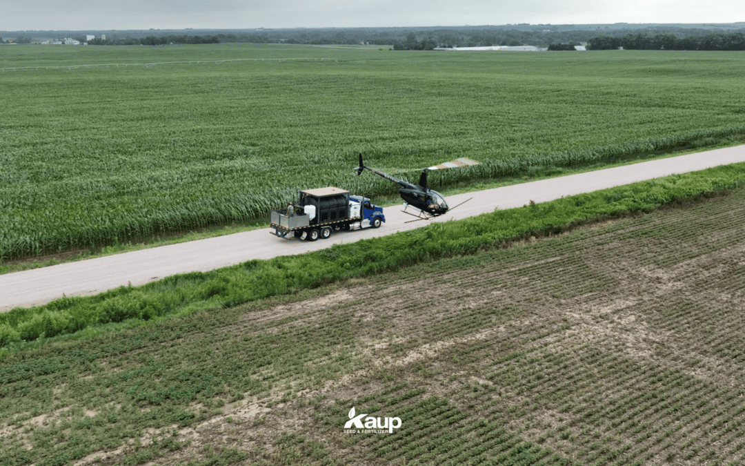 Aerial fungicide application on tall Cuming County corn during VT/R1 stage for July corn fungicide timing protection